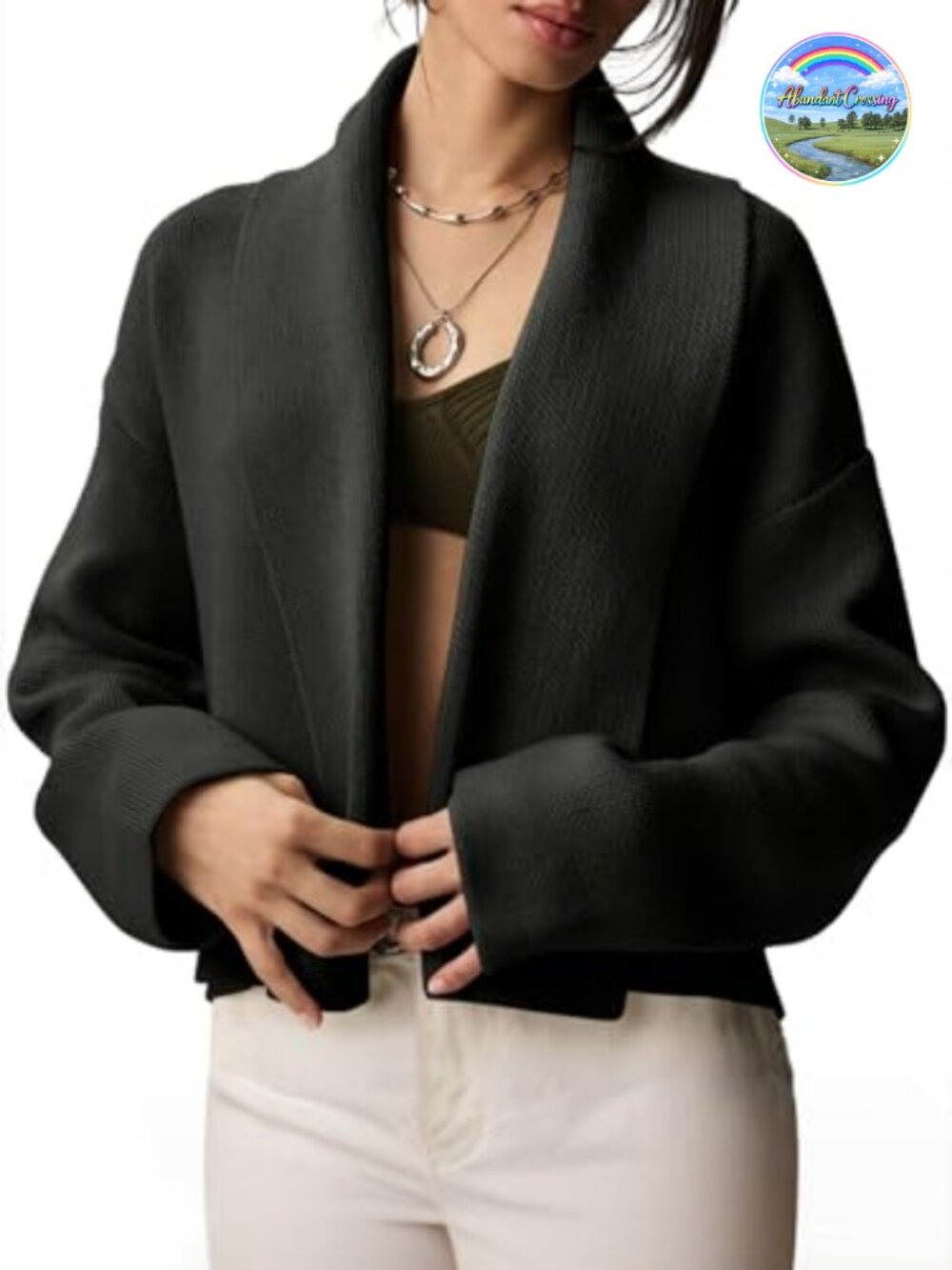Women's Cropped Cardigan Sweater Shawl Collar Open Front Long Sleeve Knit